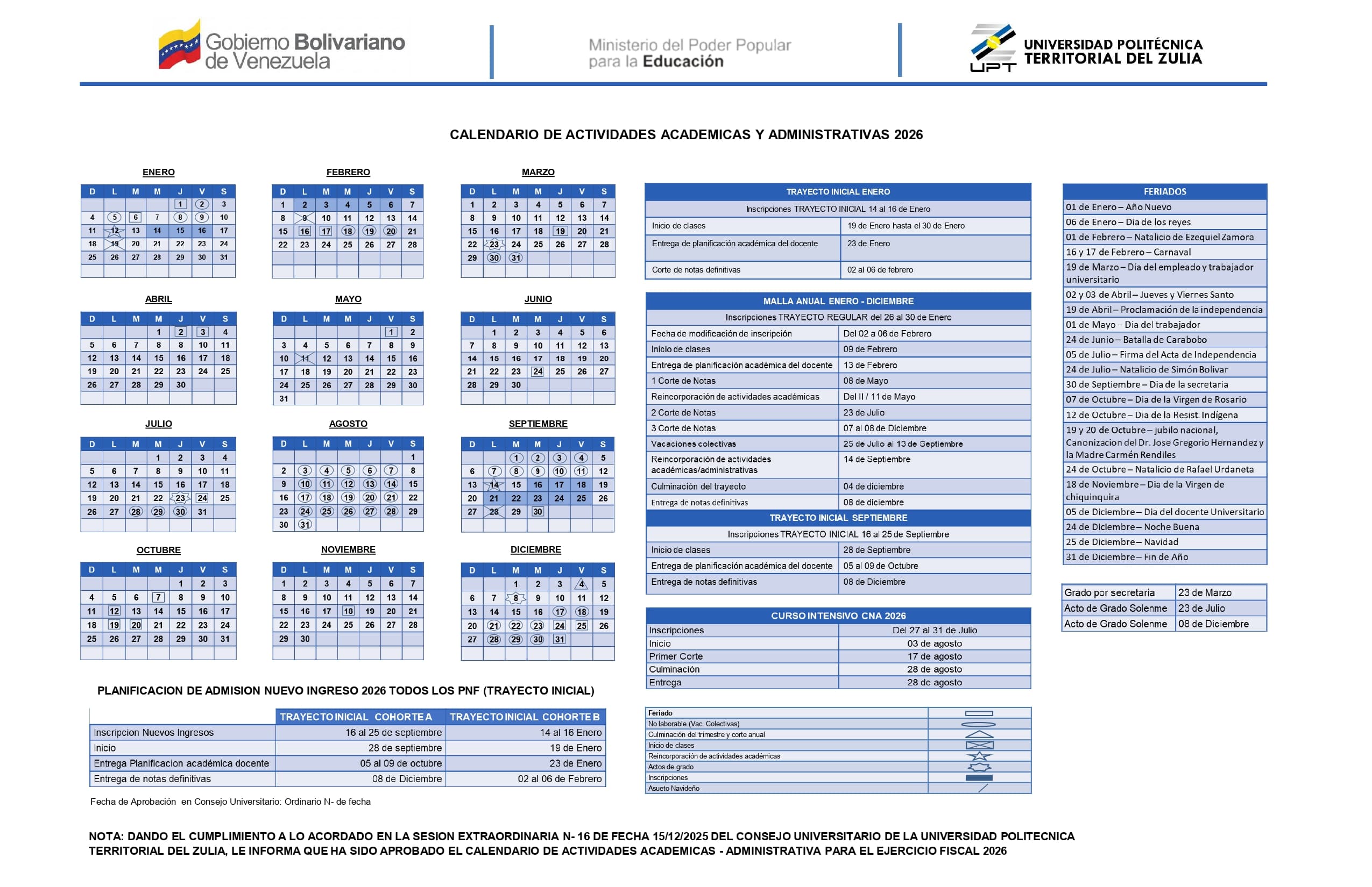 Calendario institucional UPTZ